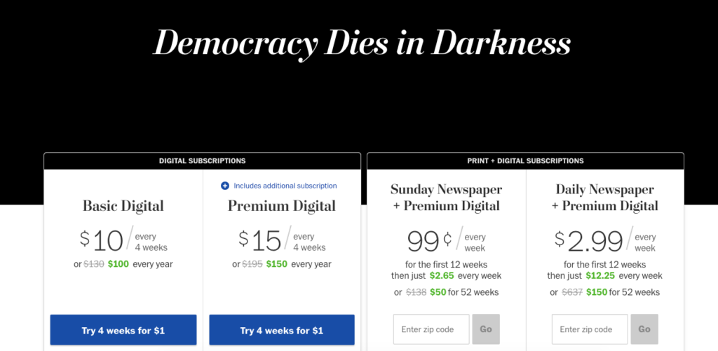 Washington Post Subscription Sign-Up Pages